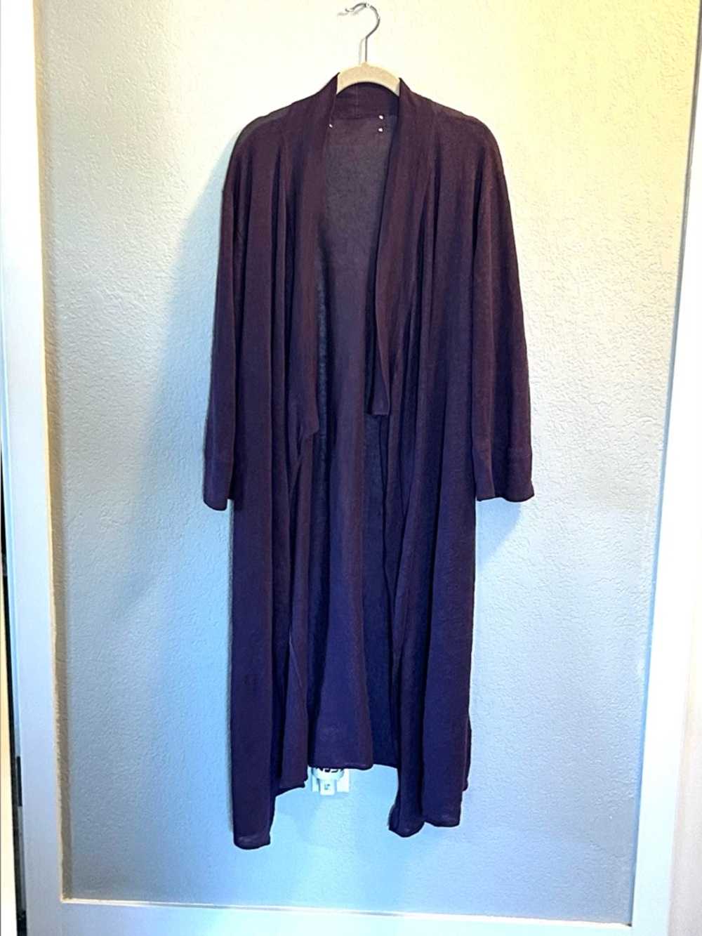 Long Open-Front Women's Linen Cardigan Sweater in Deep Plum